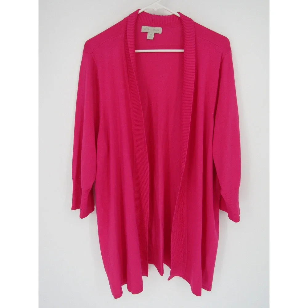 Laura Ashley Cardigan 3X Pink Open Front 3/4 Sleeve Ribbed Knit Minimal Layer